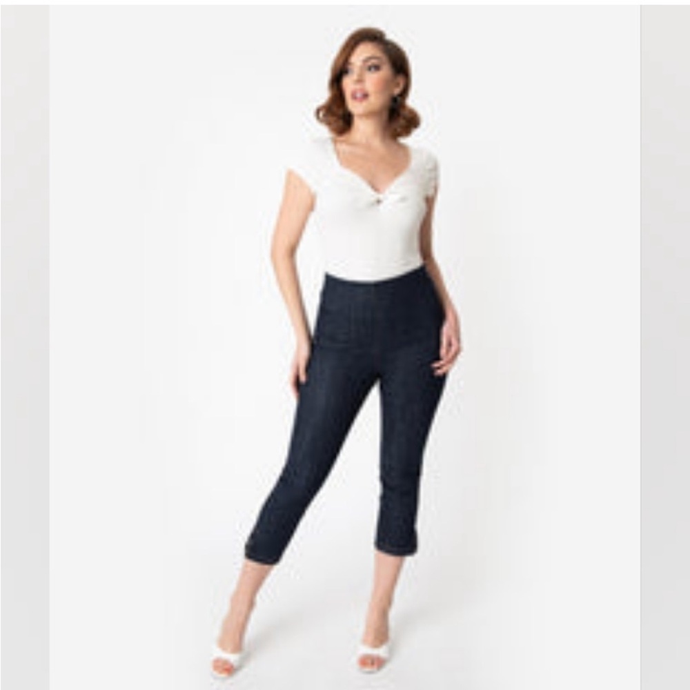 Unique Vintage Denim Stretch Rachelle Capri peddle pusher side slit pants 1X/16